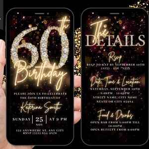 Digital 60th Birthday Party Video Invitation, 60th Glam Invite For Her, Animated Black Gold Silver Diamond Evite, Editable Itinerary eCard