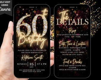 Digital 60th Birthday Party Video Invitation, 60th Glam Invite For Her, Animated Black Gold Silver Diamond Evite, Editable Itinerary eCard
