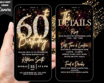 Digital 60th Birthday Party Video Invitation, 60th Glam Invite For Her, Animated Black Gold Silver Diamond Evite, Editable Itinerary eCard