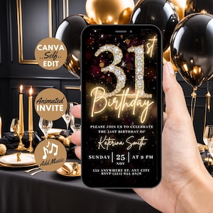 Convite digital para aniversário de 31 anos, convite para jantar surpresa de 31 anos, vídeo Evite com diamantes dourados para mulheres, modelo de cartão eletrônico faça você mesmo com autoedição