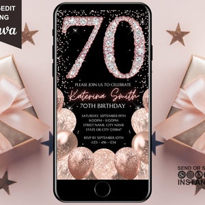 Convite digital para festa de 70 anos, convite eletrônico para festa de 70 anos, diamantes em ouro rosa, texto para download instantâneo, modelo editável