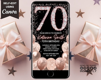 70th Birthday Digital Invitation, Electronic 70th Birthday Party Invite, Rose Gold Diamonds, Instant Download Text Evite, Editable Template