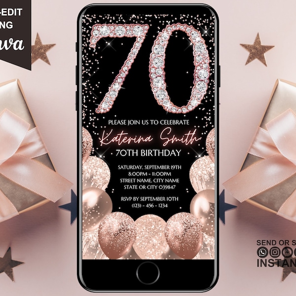 70th Birthday Digital Invitation, Electronic 70th Birthday Party Invite, Rose Gold Diamonds, Instant Download Text Evite, Editable Template