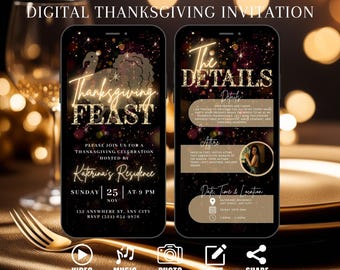 Digital Thanksgiving Feast Invitation, Animated Fall Party Video Family Invite, Turkey Friendsgiving Evite, Self Edit DIY Itinerary eCard