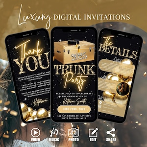 Digital Graduation Trunk 2025 Party Invitation, Electronic Gold Grad Announcement Invite, High School Evite, Self Edit Video Template eCard
