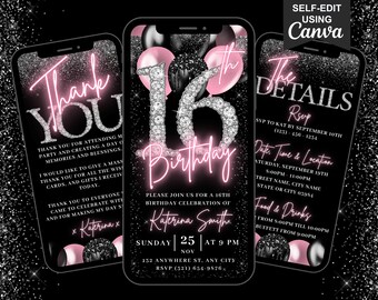 Puede incluir: Un fondo de teléfono negro y plateado con purpurina, con globos rosas y un letrero rosa neón que dice "16th Birthday". El texto "RSVP to Kat by September 10th (123)-456-1234" está en la pantalla del teléfono.