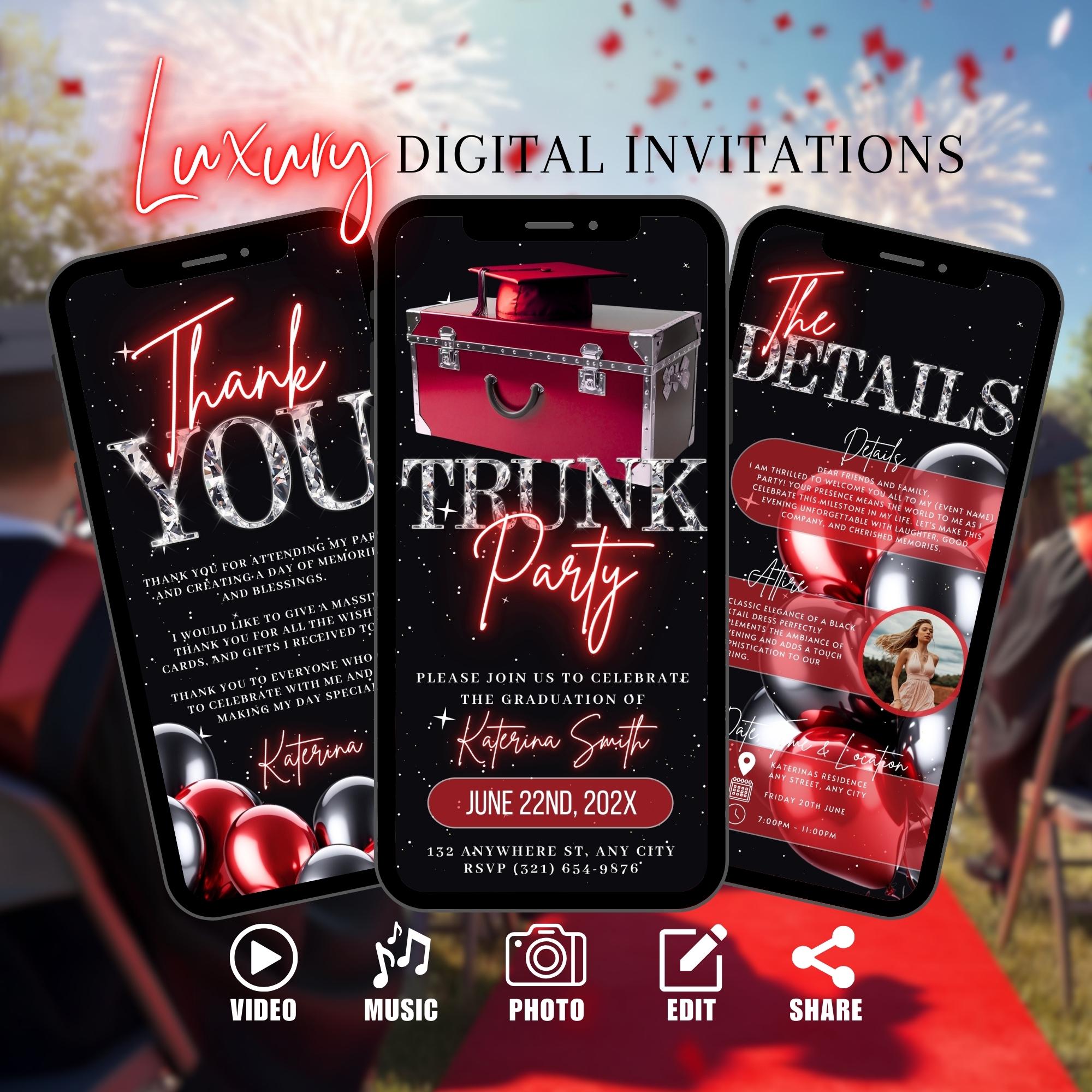Digital Trunk Party Invitation, Law Graduation Send Off Invite, Red Mens High School Send-Off Graduate Evite, Girls Farewell Template eCard