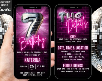 Digital 7th Birthday Invitation For Kids, Animated Seventh Party Invite For Girls, Video Hot Pink Neon Evite, Self Editable Itinerary eCard