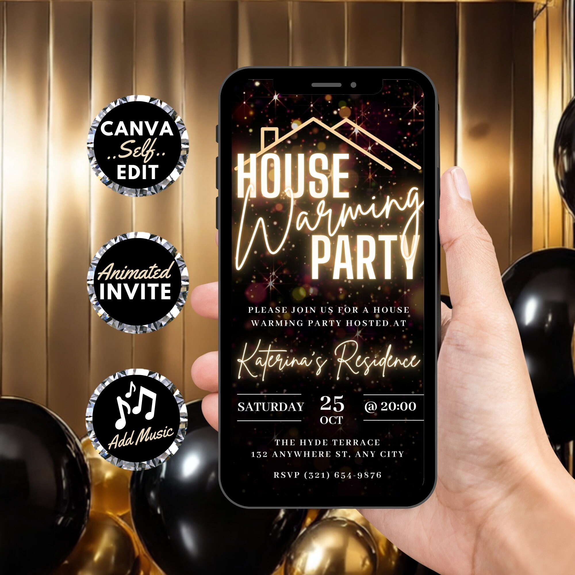 Digital Housewarming Party Invitation, Animated House Warming Invite For Women, Gold New Apartment Home Evite, Editable DIY Template Ecard