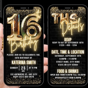 Digital 16th Birthday Invitation, Animated Sweet Sixteen Party Invite For Her, Video Gold Neon Disco Ball Evite, Editable Itinerary eCard