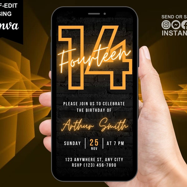 Digital 14th Birthday Party Orange Neon Invitation, Electronic Phone Text Message Evite, Editable Animated Template Invite For Boys And Girl