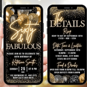 Digital 60 And Fabulous Birthday Invitation For Her, 60th Invite Evite, Animated Gold Sixty Party Invite For Him, Editable Itinerary eCard