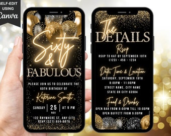 Digital 60 And Fabulous Birthday Invitation For Her, 60th Invite Evite, Animated Gold Sixty Party Invite For Him, Editable Itinerary eCard