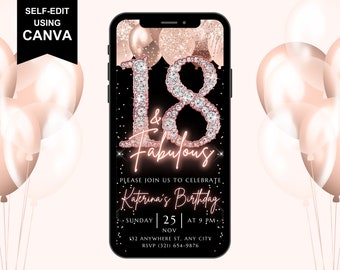18th and Fabulous Birthday Digital Invitation, 18th Surprise Party Invite Message, Rose Gold Diamonds, Instant Download Text Evite, Editable
