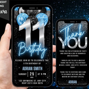 Digital 11th Birthday Invitation for Boys, 11th Birthday Invite For Girls, Animated Evite Neon Blue 11 Year Old, Editable Thank You eCard