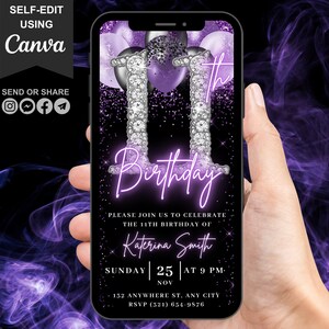 Digital 11th Birthday Invitation, Video 11th Purple Silver Invite For Girls, Lavender Balloon Diamond Eleven Evite For Her, Editable eCard