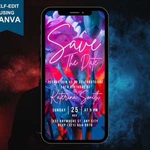Digital Flyer Save the Date Party Invitation, Floral Purple Blue Red Invite For Women, Neon Electronic Video Evite, Self Editable DIY eCard