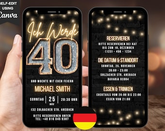 Deutsche Digitale eCARD-Einladung zum 40. Geburtstag Animierte Black Gold Forty BBQ Party Evite für Sie oder Ihn, Bearbeitbare Vorlage