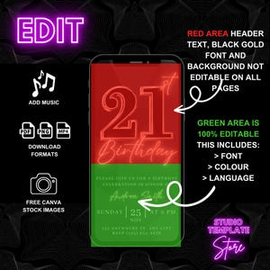 Op de afbeelding: Een digitaal sjabloon voor een 21e verjaardagsuitnodiging. Het sjabloon heeft een rode achtergrond met de cijfers "21" in neonroze en het woord "Verjaardag" in neonroze schrift. De onderste helft van het sjabloon is groen en bevat bewerkbare tekst voor de evenementdetails. Het sjabloon is aanpasbaar met verschillende lettertypen, kleuren en talen.