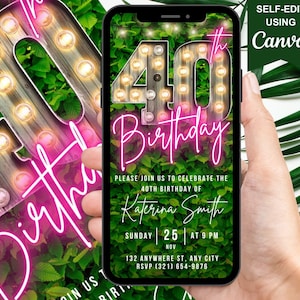 Faire-part numérique pour 40e anniversaire, chapiteau d'invitation animé néon rose vif pour femme, texte barbecue Evite pour femme, modèle de toile auto-éditable