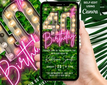 Digital 40th Birthday Invitation, Animated Marquee Hot Pink Neon Invite For Women, BBQ Text Evite For Women, Self Editable Canva Template