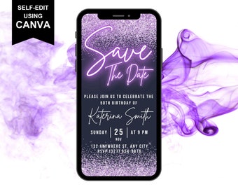 Invitación digital de cumpleaños morada con fecha de reserva, invitación virtual electrónica, texto neón, plantilla editable de video animado para mujeres