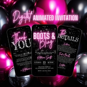 Digital Boots and Bling Invitation, Animated Cowboy Boots Birthday Invite, Pink Western Ladies Party Evite, Editable Itinerary eCard Bundle