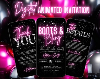 Digital Boots and Bling Invitation, Animated Cowboy Boots Birthday Invite, Pink Western Ladies Party Evite, Editable Itinerary eCard Bundle