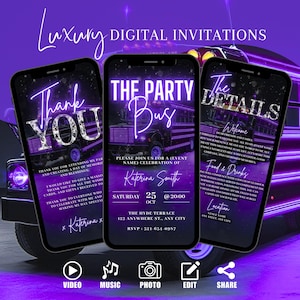 Digital Party Bus Invitation, Girls VIP Birthday Party Invite, Purple Bus Evite For Women, Self Edit Itinerary Template eCard For Her