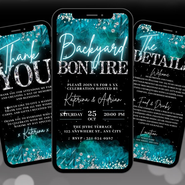 Digital Backyard Bonfire Invitation, Animated Aqua Tiffany Blue Birthday Invite, Backyard BBQ Evite, Editable Itinerary and Thank You eCard