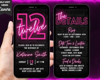 Puede incluir: Un letrero de neón rosa con el número 12 y la palabra "twelve" sobre un fondo de ladrillo negro. El texto "The Details" también está en neón rosa. La invitación es para una fiesta de cumpleaños número 12 para Katerina Smith el domingo 25 de noviembre a las 7 PM. La información de RSVP está incluida.