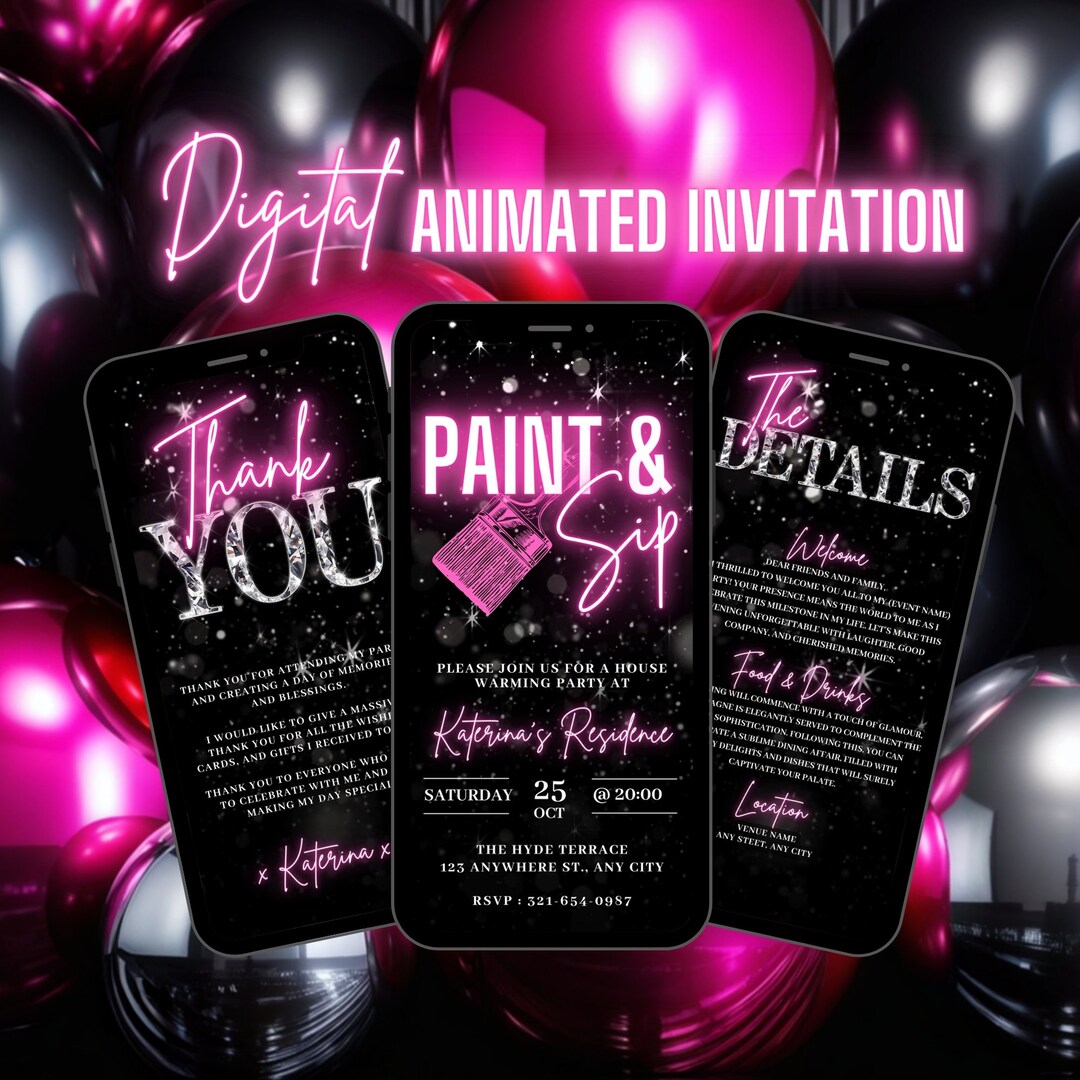 Digital Paint & Sip Invitation, Animated Birthday Celebration Invite for Women, Neon Pink New