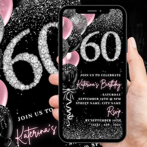 Digital 60th Birthday Invitation, Animated 60 th Blush Pink Girls Invite For Her, Cute Womens Diamond Evite, Self Editable Template eCard