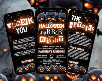 Digital Halloween Horror Night Invitation, Orange Skull Video Party Invite, Adult Movie Night Evite, Self Editable DIY Event Planner eCard