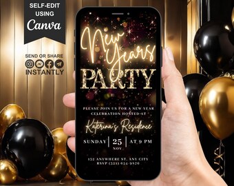 Invito alla festa di Capodanno, invito digitale per festeggiamenti, modello modificabile oro nero, invito glamour per le feste