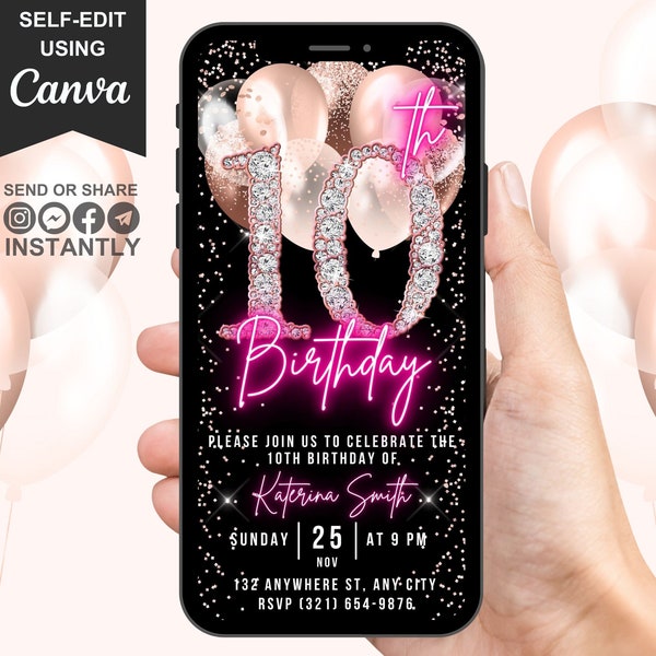 Digital 10th Birthday Invitation, Animated 10th Party Invite, Cute Rose Gold Diamonds Neon Pink Font, Text Evite, Editable Canva Template