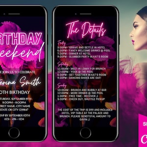 Electronic Tropical Pink Neon Birthday Weekend Trip Itinerary Invitation, 3 Day Trip, Digital Schedule, Editable Template, Instant Download