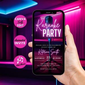 May include: A pink and blue digital invitation for a karaoke party. The invitation features a microphone with neon lights and the text "Karaoke Party". The invitation also includes the date, time, and location of the party.