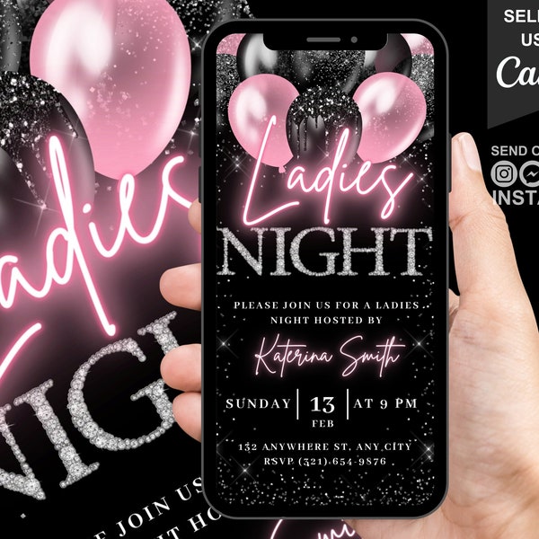 Digital Ladies Night Out Invitation, Animated Fun Pink Birthday Invite, Bachelorette Party Evite, Self Editable Template eCard