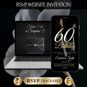 May include: A digital RSVP website invitation for a 60th birthday party displayed on a laptop and smartphone. The screen shows text reading Shhh!! its a Surprise!!, 60th Birthday, Ekaterina Smith, July 23 at 4PM, and RSVP TRACKABLE.