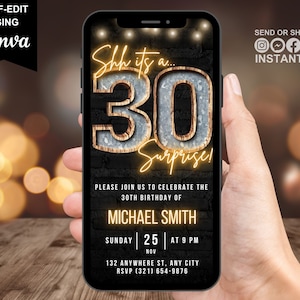 Surprise 30th Birthday Digital Invitation, Men&#39;s 30th Invite For Him, Adult Rustic BBQ Phone Evite For Guys, Shh Its A Surprise Party eCard
