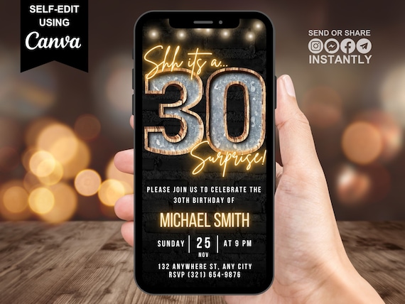 Surprise 30th Birthday Digital Invitation, Men's 30th Invite For Him, Adult Rustic BBQ Phone Evite For Guys, Shh Its A Surprise Party eCard