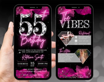 Digital 55th Birthday Invitation, Animated Hot Pink Women 55 Glam Diamond Invite For Her, Luxury Evite, Self Editable Custom Itinerary eCard