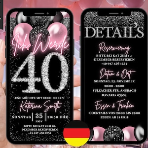 Deutsche Digitale Einladung Geburtstag 40, geanimeerde 40e Blush Pink-uitnodiging, Womens Brunch Dinner Party Evite, zelf bewerkbare sjabloon e-card