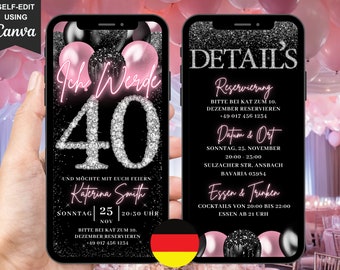 Deutsche Digitale Einladung Geburtstag 40, Animated 40th Blush Pink Invite, Womens Brunch Dinner Party Evite, Self Editable Template eCard