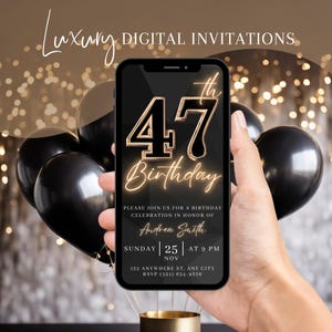 Digital 47th Birthday Party Invitation, Animated Black Gold Dinner Invite For Women, Brunch Evite For Her, Self Editable DIY Template eCard