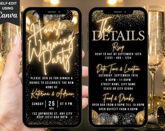 Digital Housewarming Party Invitation, Animated New Home Invite, Black Gold Balloon Neon Invite, Phone Text Evite, Editable Itinerary eCard