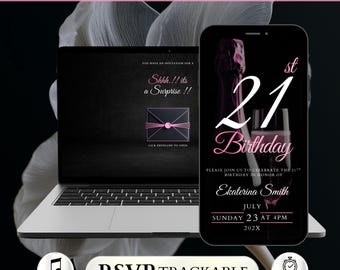 Surprise 21st Birthday Invitation With RSVP, Digital Black Luxury Envelope Evite, Elegant Pink Canva Template, Trackable Guest Site Invite