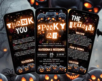 Digital Halloween Spooky AF Invitation, Orange Skull Video Party Invite, Adult Movie Night Evite, Self Editable DIY Event Planner eCard