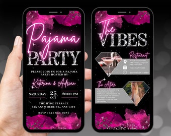 Digital Pajama Party Birthday Invitation, Animated PJs Fun Girls Night Invite, Hot Pink Bachelorette Evite, Self Editable Itinerary eCard